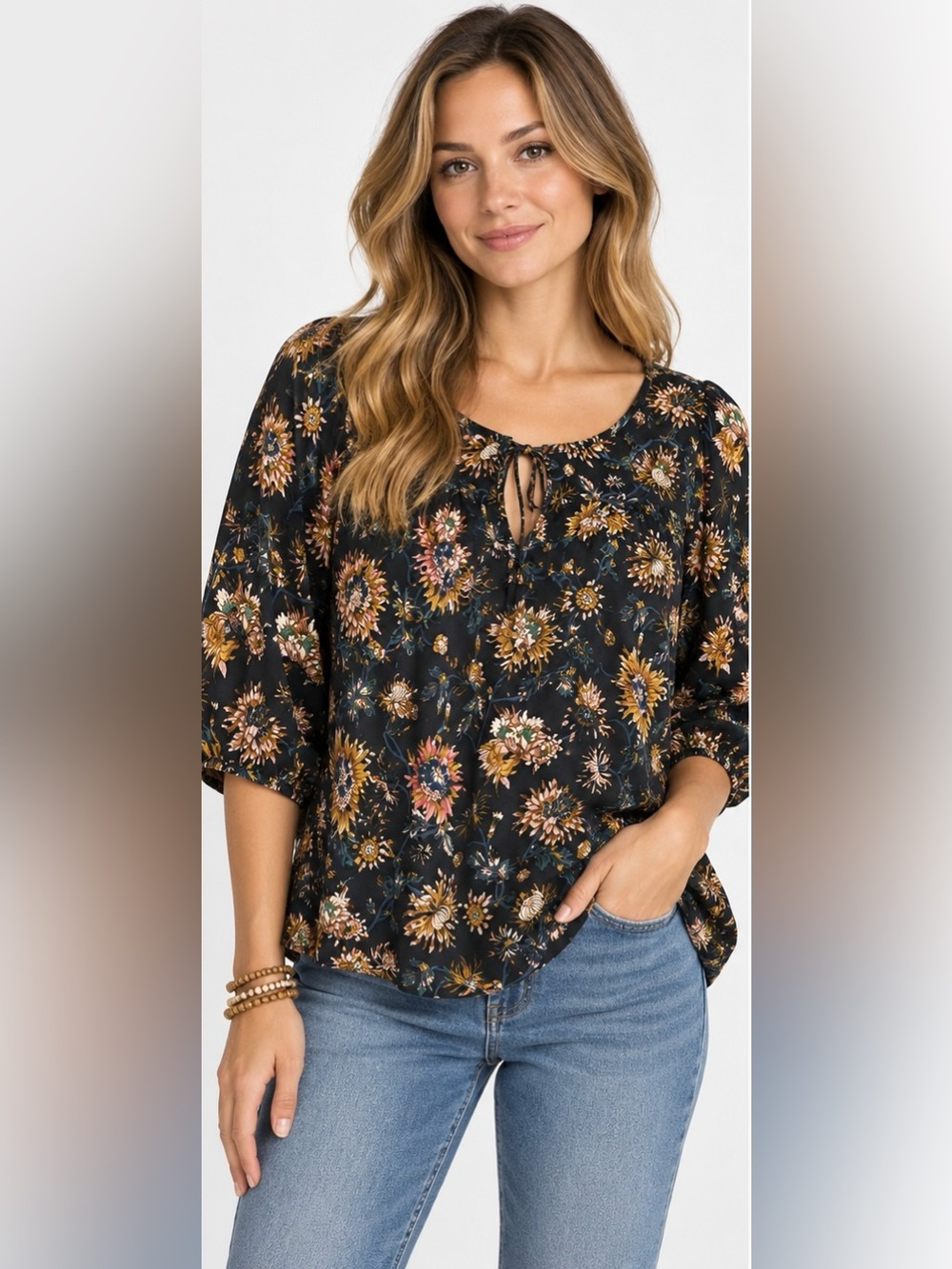 Natural Life Floral Blouse M Black Boho Peasant Top 100% Rayon 3/4 Sleeve